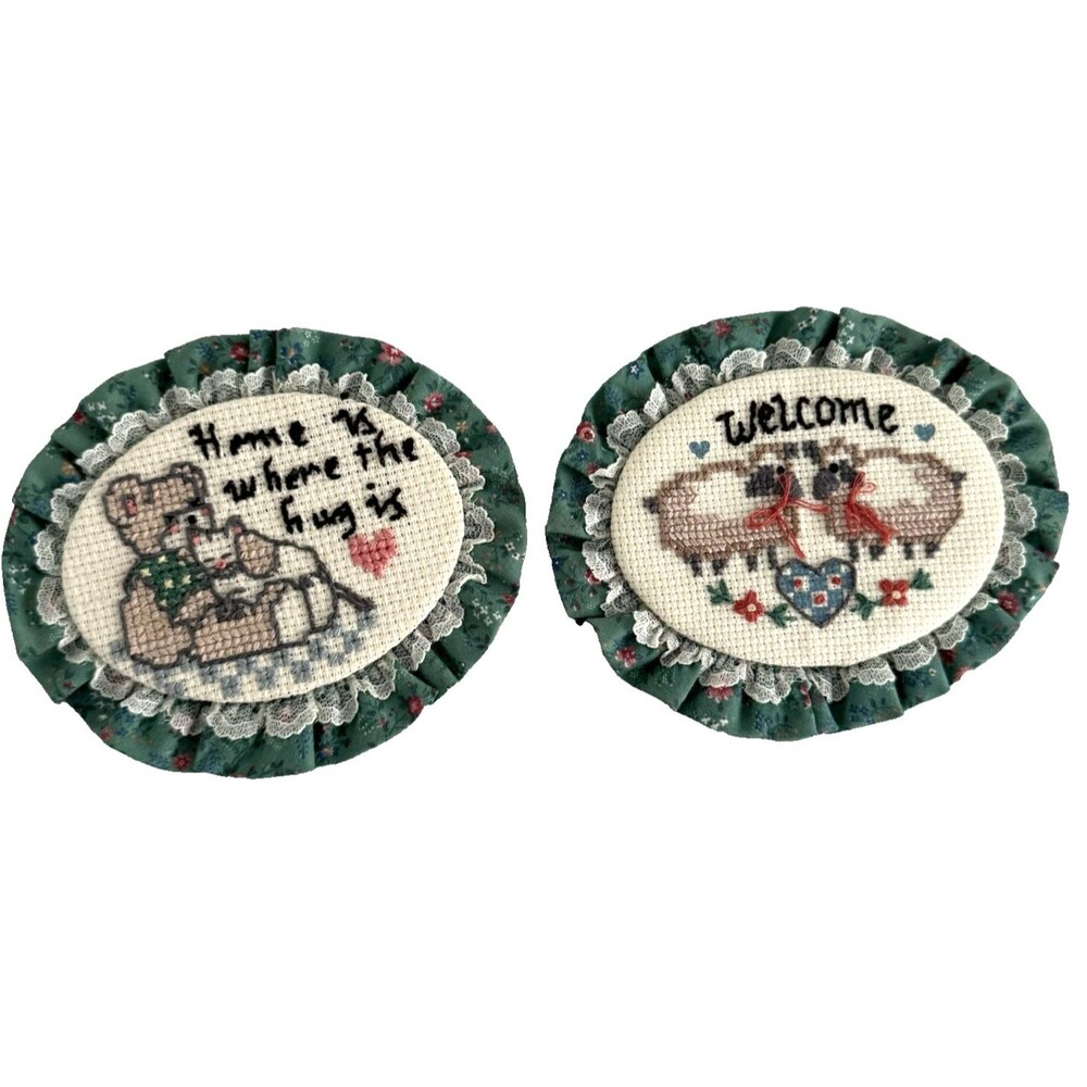Vtg Two Small Finished Cross Stitch Wall Hangings Teddy Bear & Sheep Cottagecore